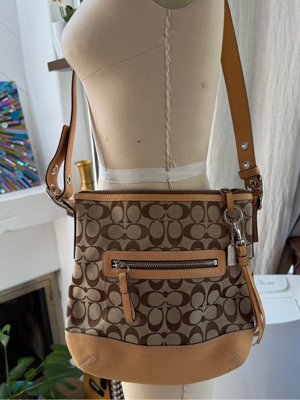 Vintage Coach Canvas and leather Signature Tote in Brown and Tan Leather Trim